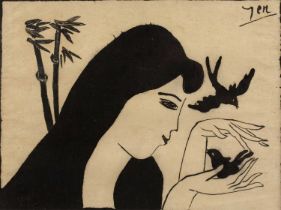 Chinese school (20th century) A lady tending to a bird, signed 'Yen', pen and inks, 17.5 x 23.5cm