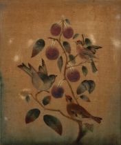19th century Chinese school Songbirds perched on a plum branch, watercolour on silk, 34 x 29cm;