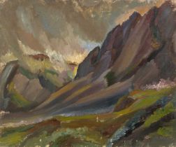 Harry Barr (1896-1987) Escarpment under clouds, oil on canvas, 51 x 61cm, and two woodland glade