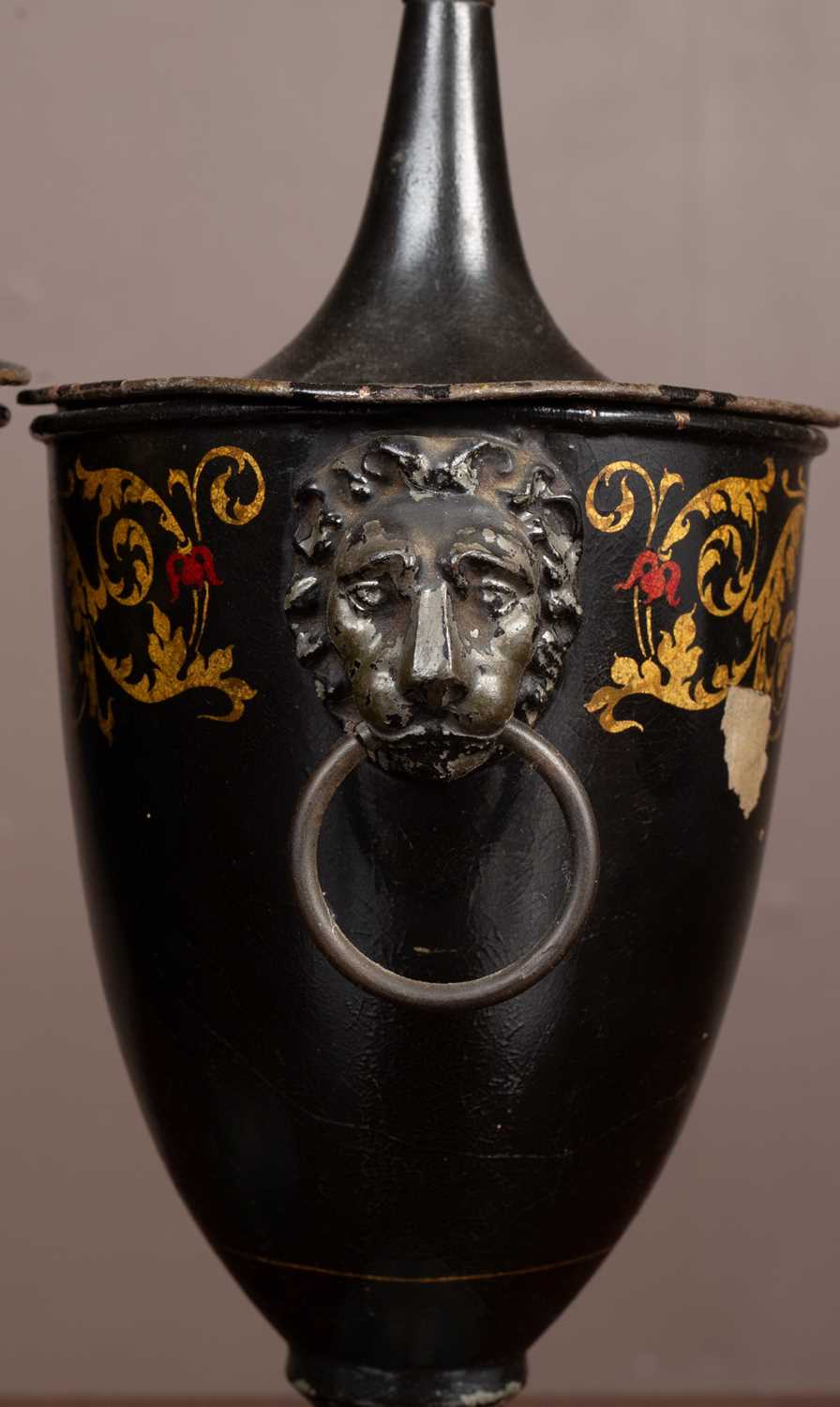 A pair of Regency pedestal toleware chestnut urns - Image 3 of 3