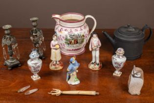 A collection of pottery together with a pair of Brass Lusture candle sticks