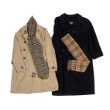 Two Burberry coats together with two Burberry scarves