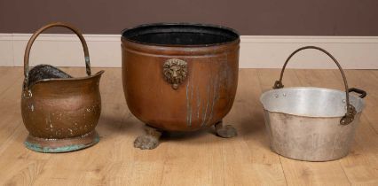 A copper coal or log bucket together with an aluminium jam pan; and a copper coal scuttle