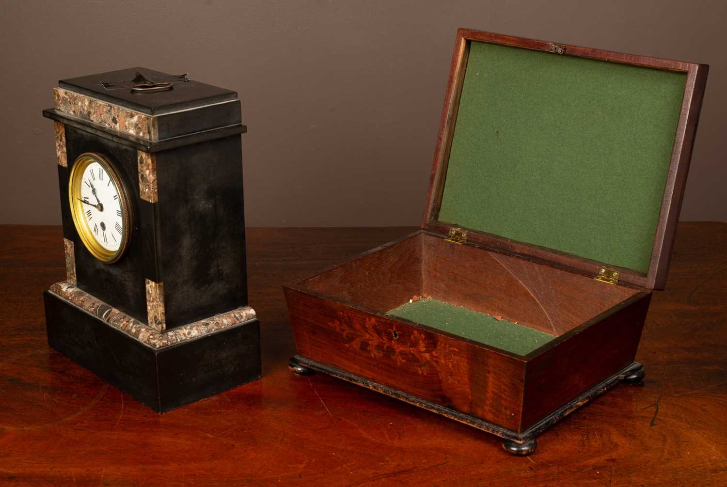 A slate mantel clock together with a rosewood tea caddy - Image 3 of 3