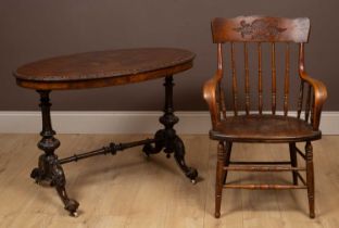 An American style stick back armchair together with a Victorian burr walnut centre table