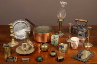 A collection of metalware and glassware