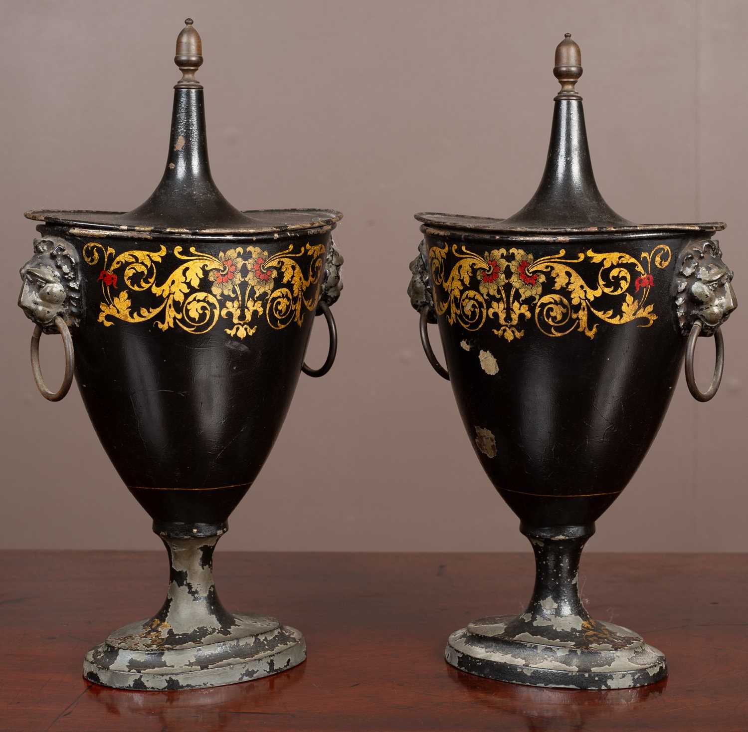 A pair of Regency pedestal toleware chestnut urns - Image 2 of 3