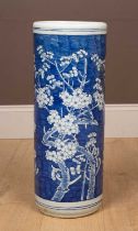 A Chinese blue and white cylindrical stick stand