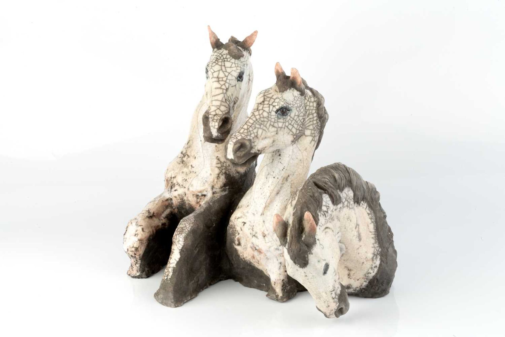 Keza Rudge (20th Century) Three Horse Heads raku signed 29cm high, 33cm wide. Condition appears good - Image 2 of 4