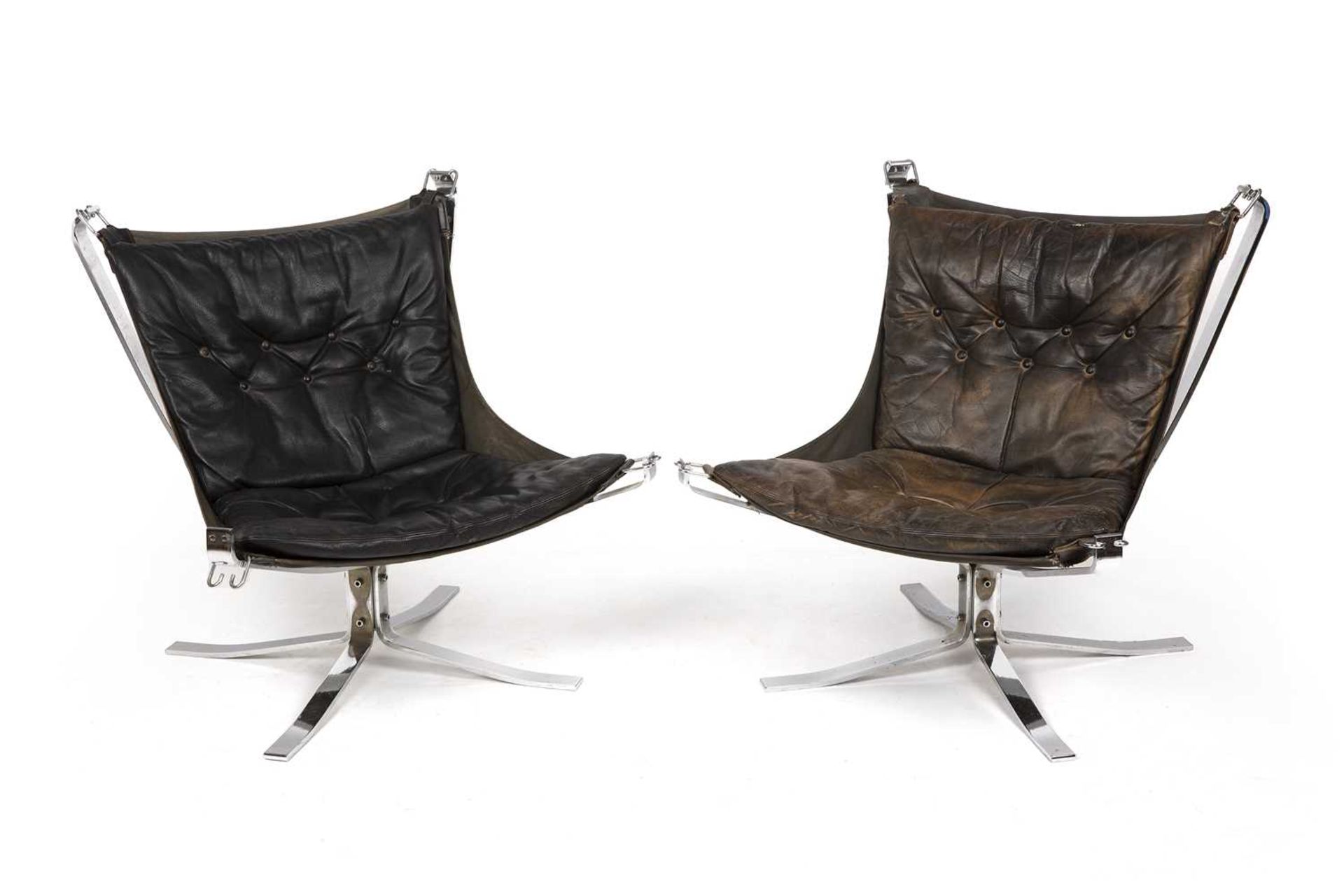 Sigurd Ressell (1920-2010) for Vatne Mobler A pair of Falcon chairs labelled leather cushions 75.5cm