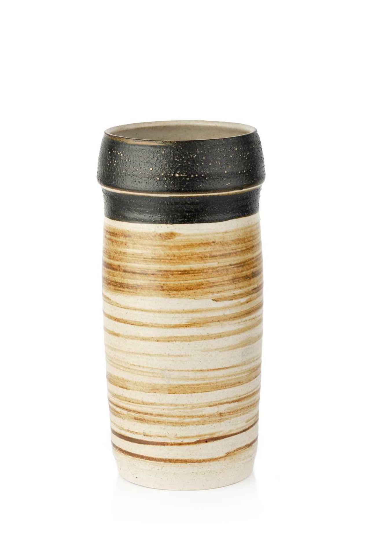 Michael Casson (1925-2003) Cylindrical vase with brushed rings and dark rim impressed potter's