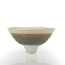 Peter Wills (b.1955) Footed bowl porcelain, with turquoise glaze, sgraffito, and a cream rim