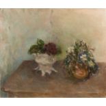 Stella Steyn (1907-1987) Two Pot Plants on a Table oil on canvas 56 x 67cm, unframed.