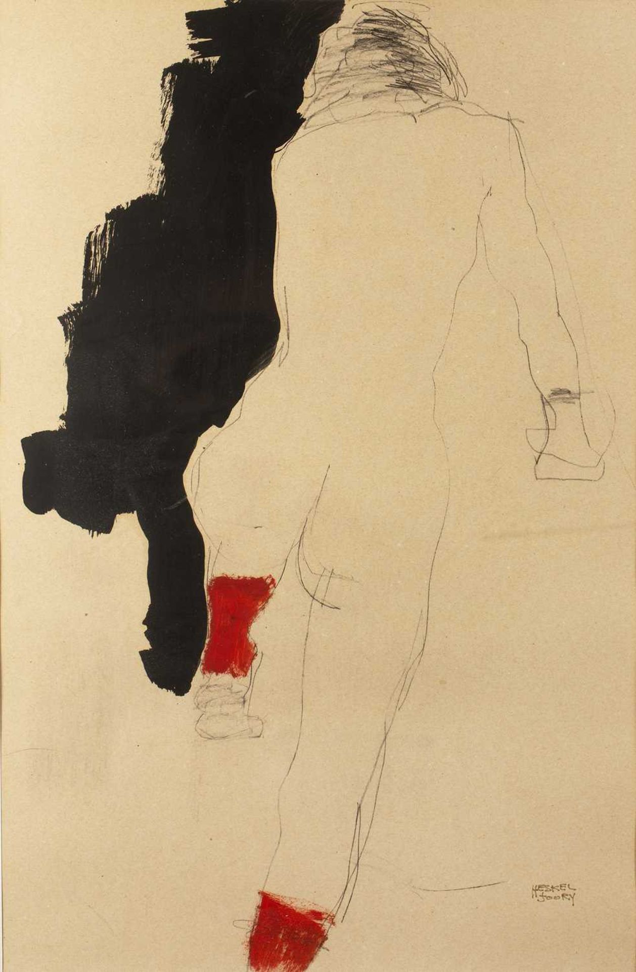 Heskel Joory (1925-2015) Nude with Knee Raised signed (lower right) conte crayon on paper 56 x 37cm.