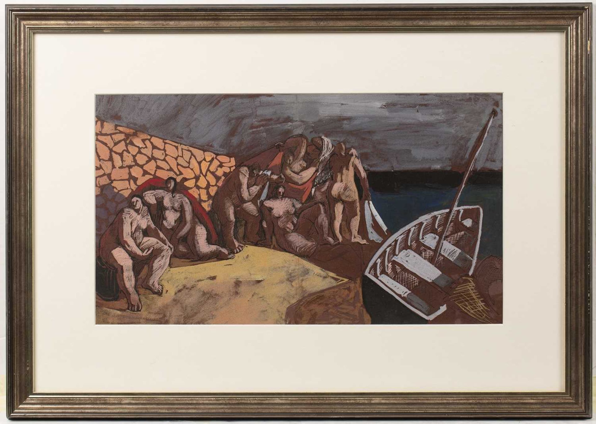 Norman Basil Town (1915-1987) Waiting for the Boat gouache 24 x 43cm. Condition appears good. - Image 2 of 3