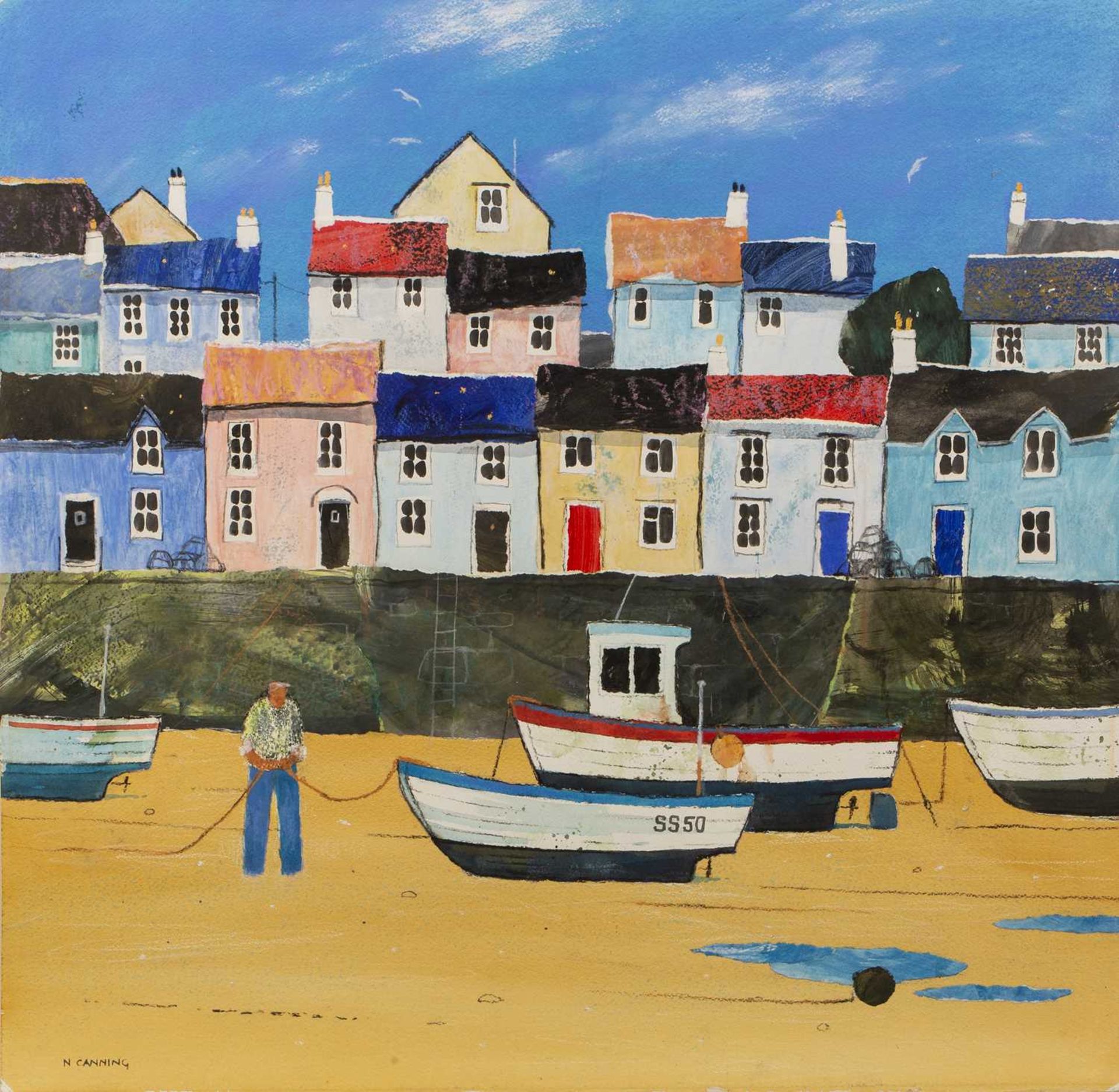 Neil Canning (b.1960) Boats on the Beach signed (lower left) mixed media with collage 58 x 58cm,