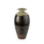 Richard Batterham (1936-2021) Vase stoneware, with incised lines to the body, dark and light ash