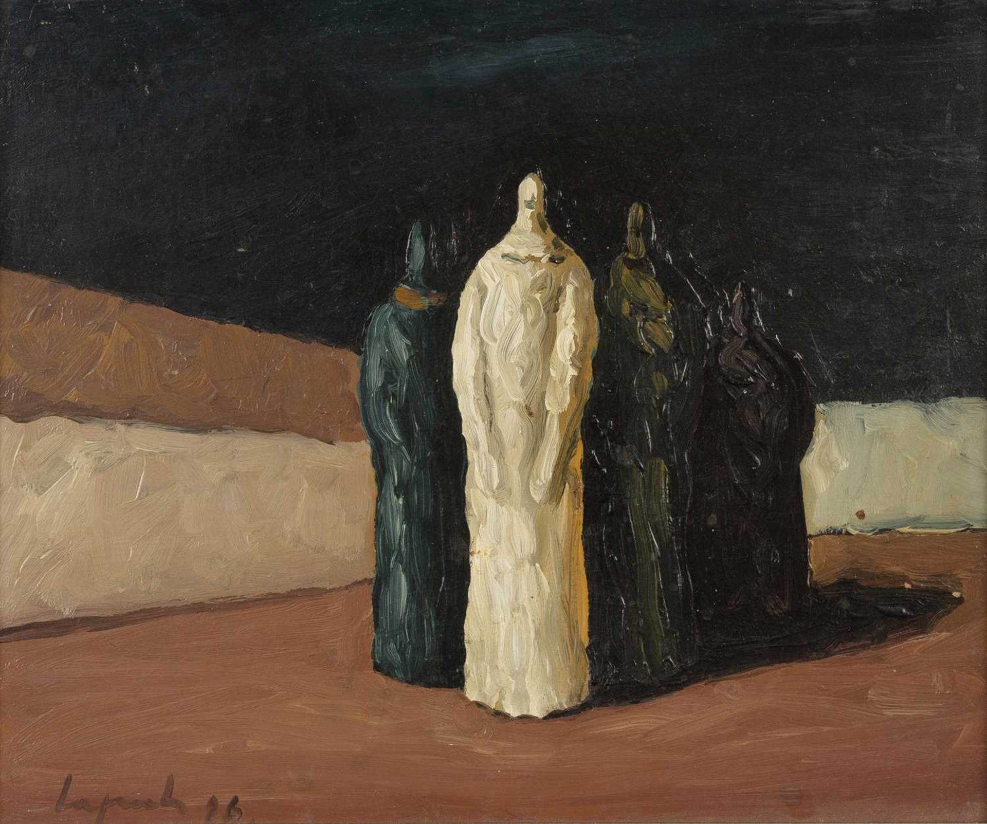 Zeljko Lapuh (b.1951) Cloaked Figures, 1986 signed and dated (lower left) oil on board 20 x 24cm.