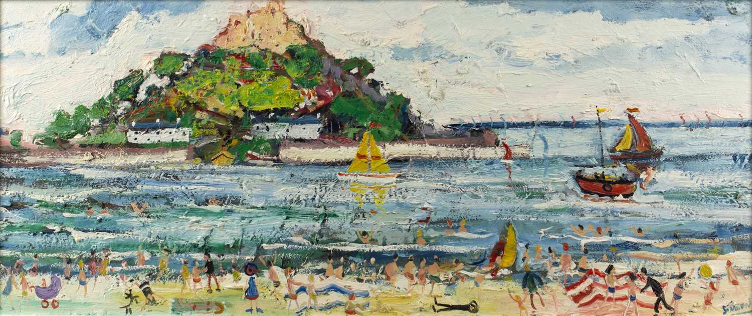 Simeon Stafford (b.1956) St Michael's Mount signed (lower right) oil on board 30 x 73cm. A good