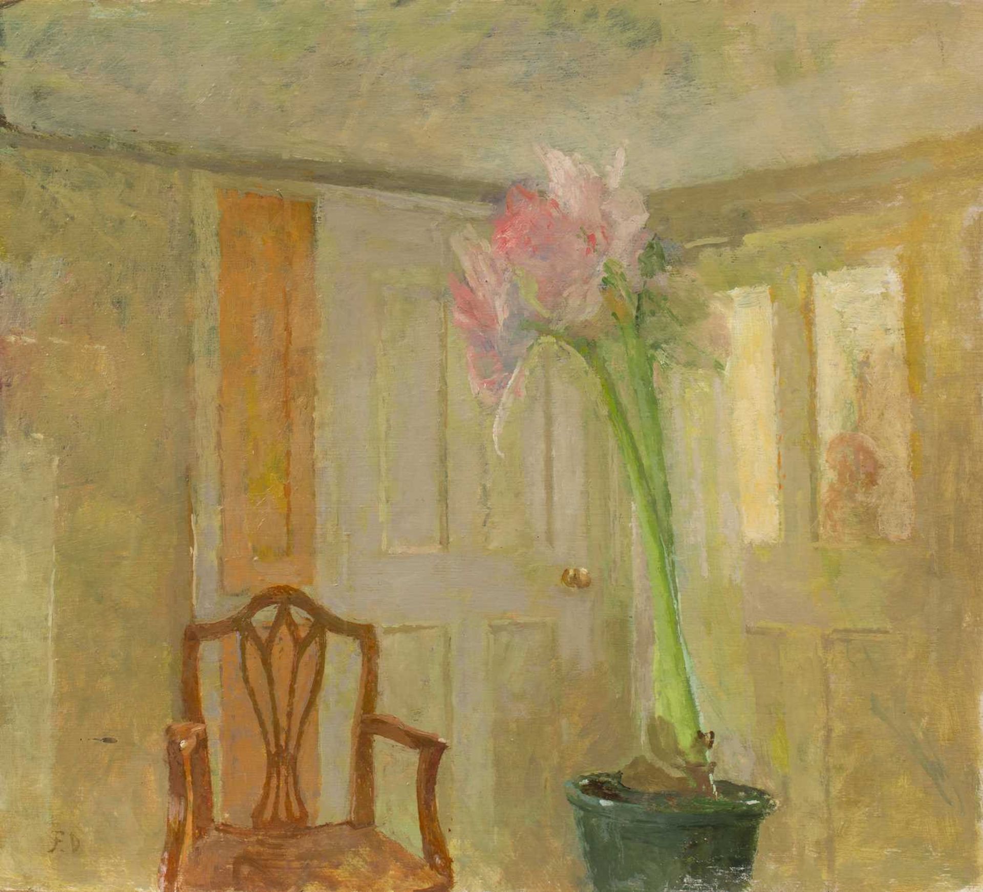 Fred Dubery (1926-2011) Pink Flower and Chair signed with initials (lower left) oil on board 76 x