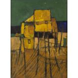 David Humphreys (b.1937) Beach Hut signed (to reverse) oil on board 39 x 29cm. To green are specks