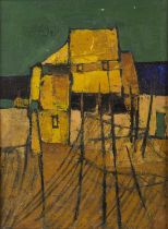 David Humphreys (b.1937) Beach Hut signed (to reverse) oil on board 39 x 29cm. To green are specks