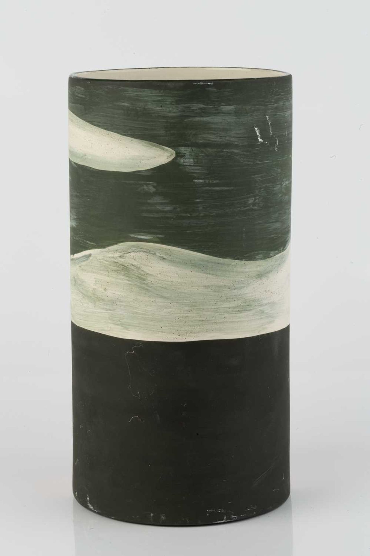 Sarina de Majo (Contemporary) Soup Tureen, Avocado, & Spoon painted cylinder vase 30cm high. - Image 2 of 3