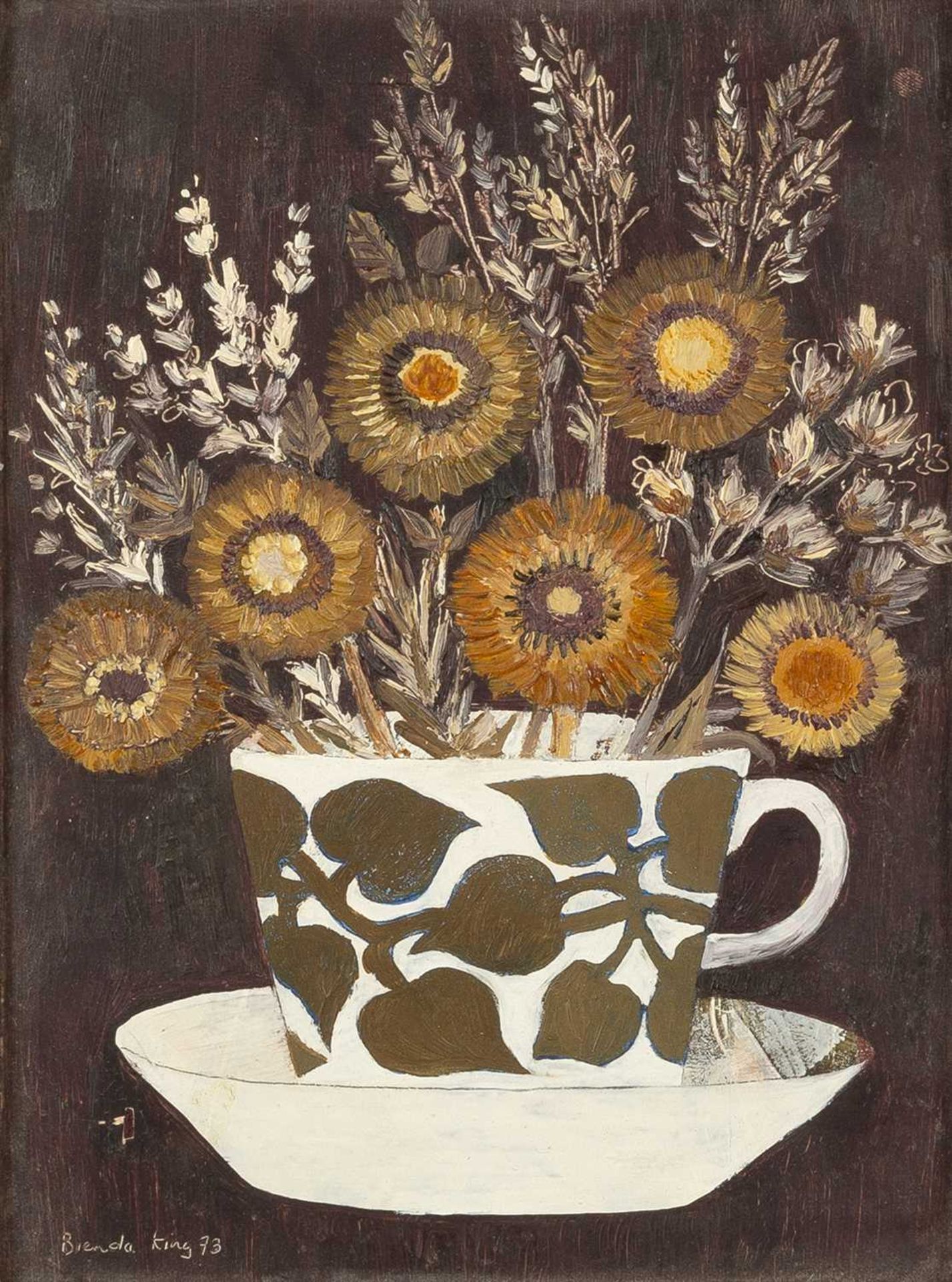 Brenda King (1934-2011) Flowers in a Cup, 1973 signed and dated (lower left) oil on board 18 x 14cm.