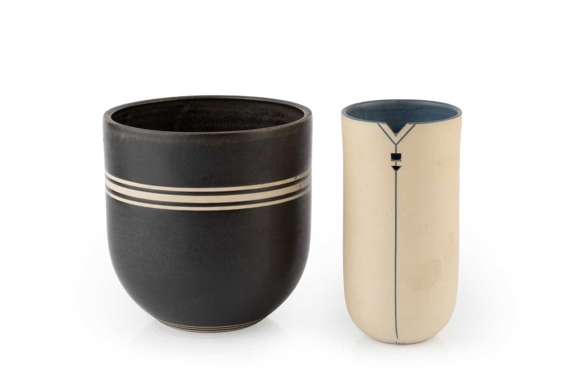 Studio Ceramics to include two Louise Darby vessels, 15cm and 14cm high; a multi-colored hand