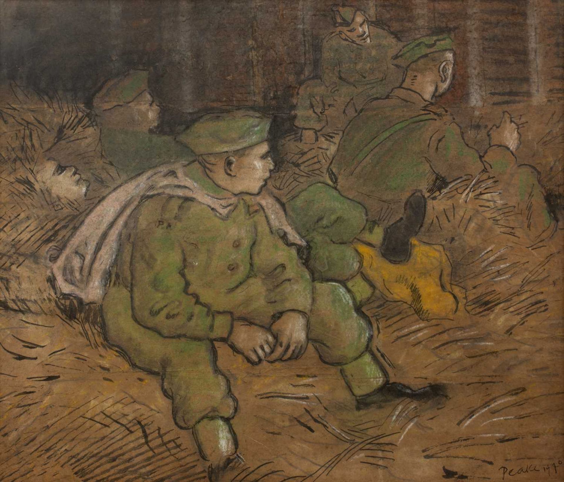 Mervyn Peake (1911-1968) Soldiers Sheltering in a Barn, 1940 signed and dated (lower right)