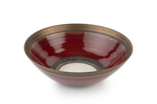 Peter Wills (b.1955) Bowl porcelain, with sgraffito and red glaze signed and with impressed potter's