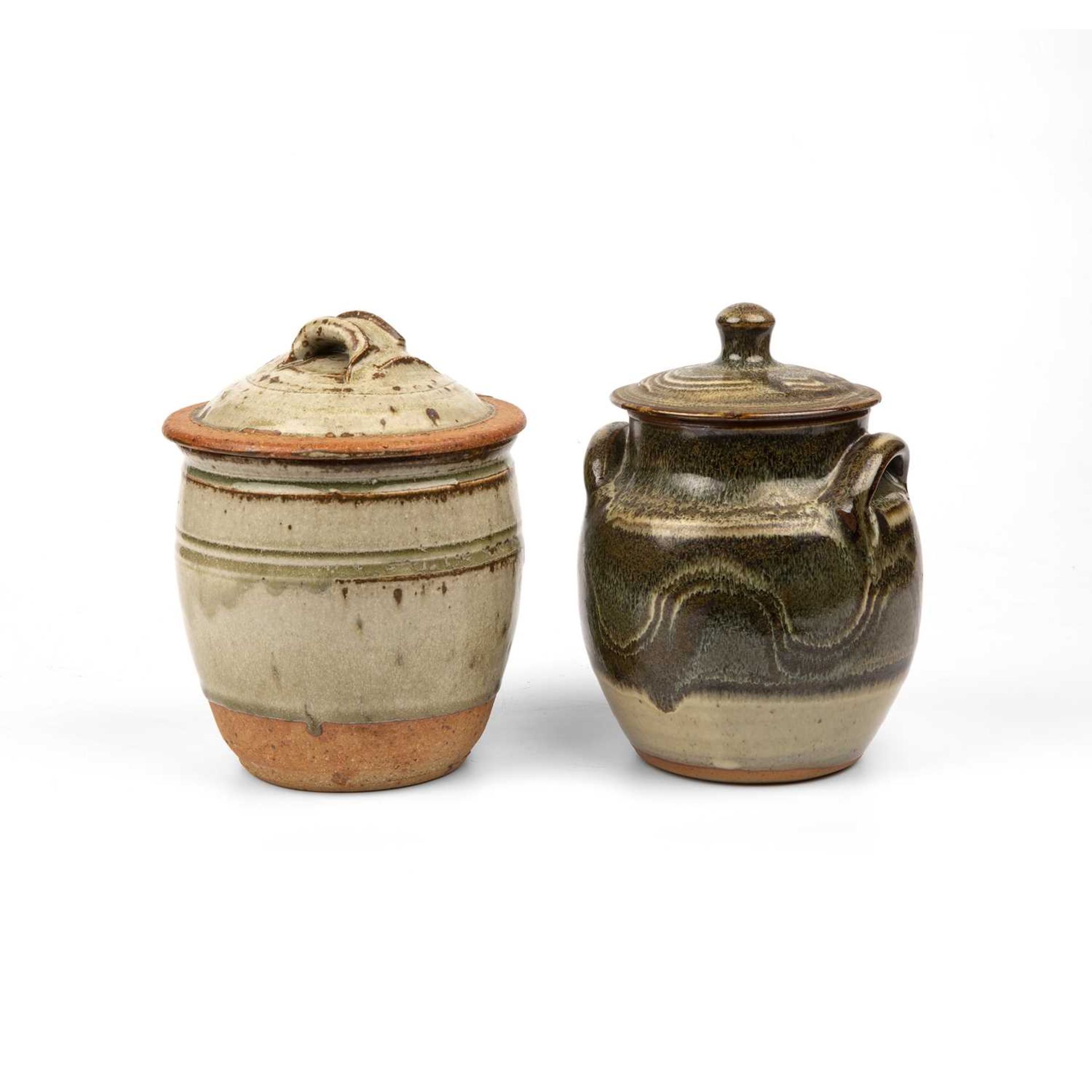 Richard Batterham (1936-2021) Beer jar green ash glaze 17cm; and a jar and cover by Ray Finch (2).
