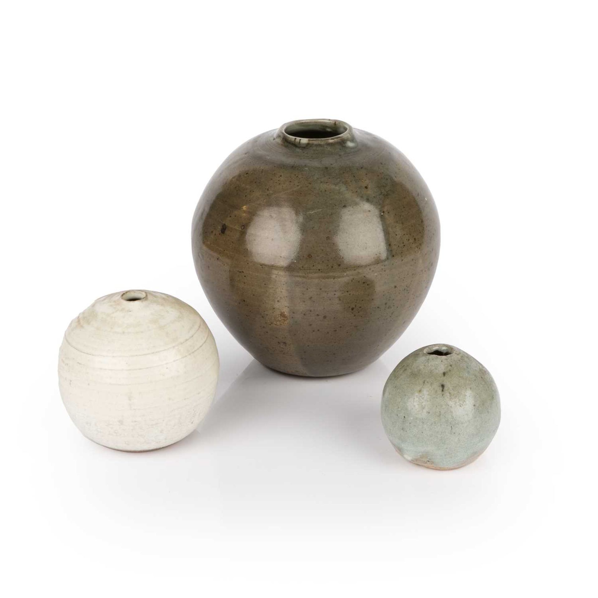 Manner of Katharine Pleydell-Bouverie (1895-1985) Three vases stoneware, cylindrical form with green