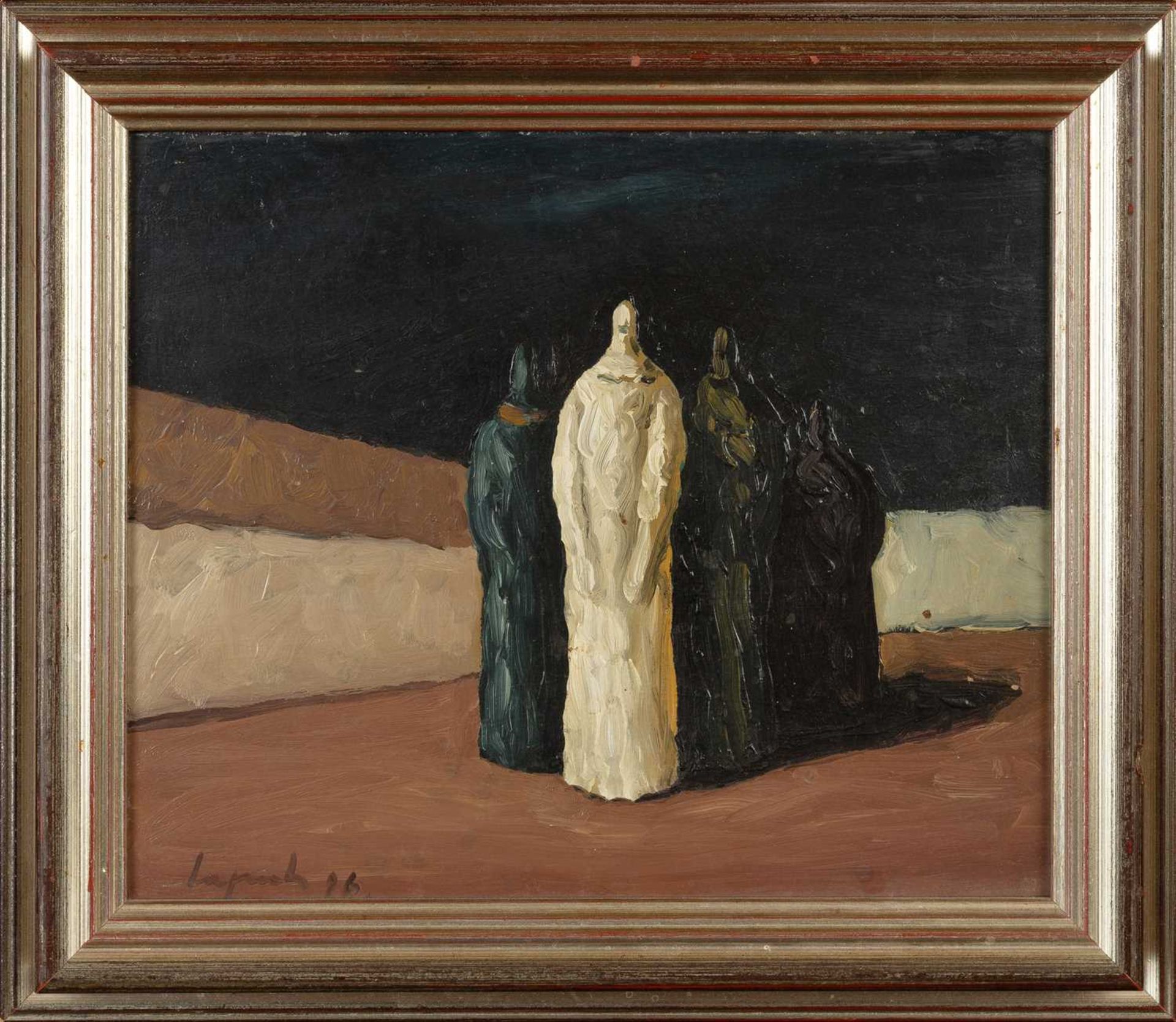 Zeljko Lapuh (b.1951) Cloaked Figures, 1986 signed and dated (lower left) oil on board 20 x 24cm. - Image 2 of 3