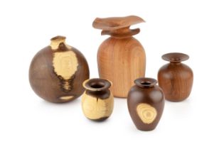 Melvyn Firmager (Contemporary) Five vessels turned wood tallest 19cm high; and an elm wooden box