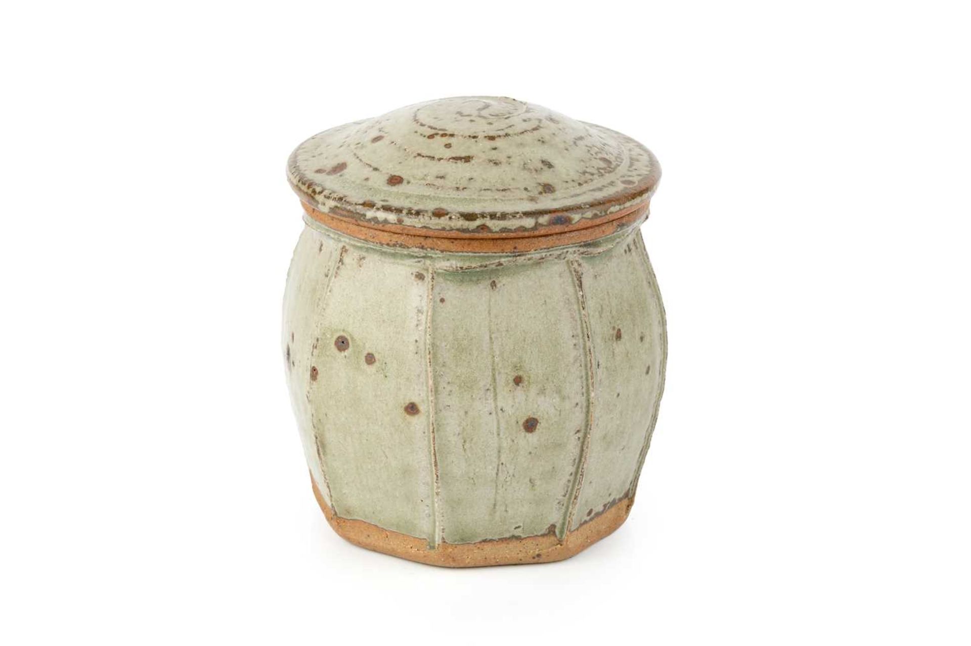 Richard Batterham (1936-2021) Jar and cover with cut sides and a light ash glaze 12cm high.
