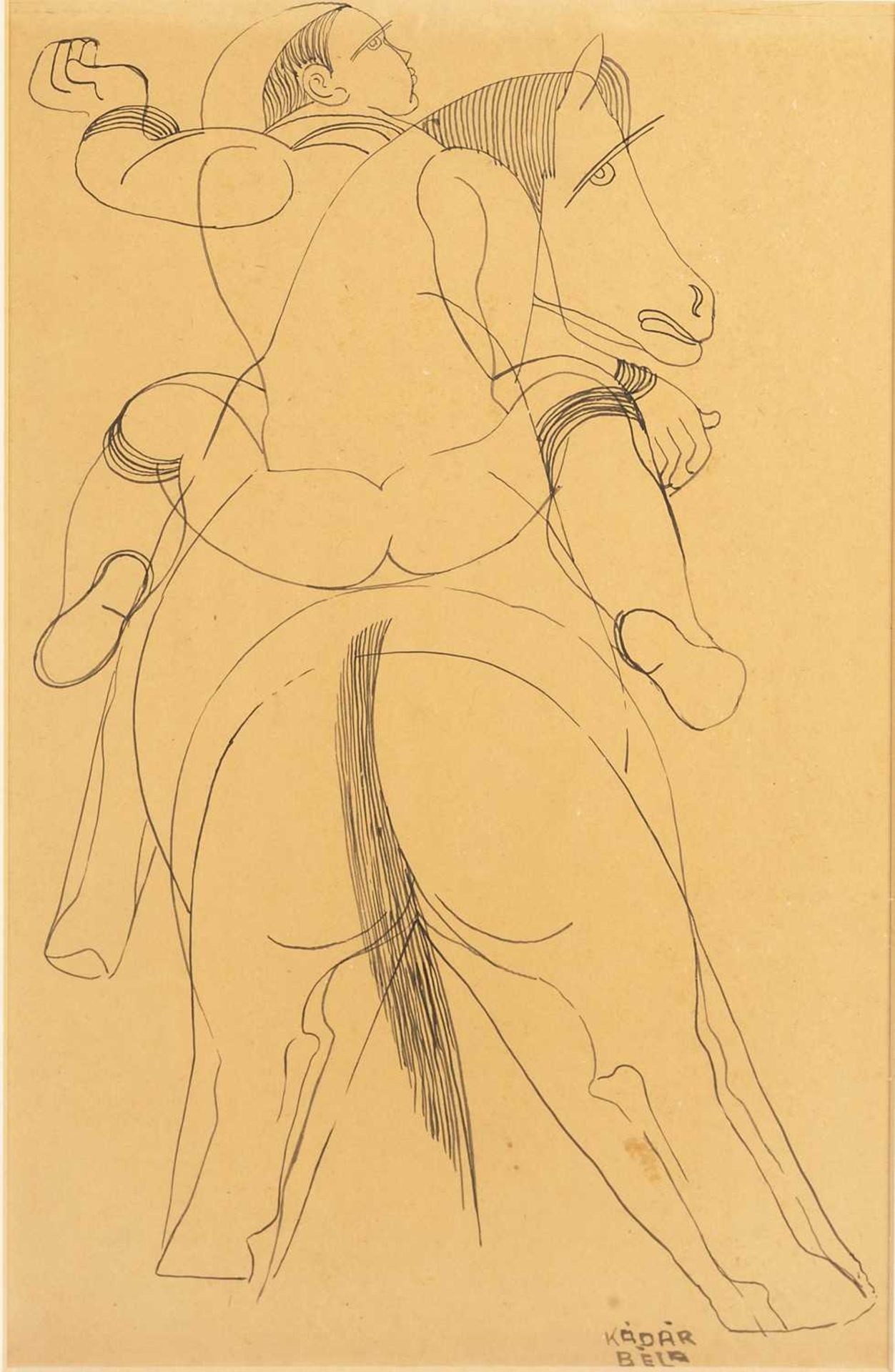 Bela Kadar (1877-1955) Horse and Rider signed (lower right) pen and ink 41 x 24cm. Top rim has