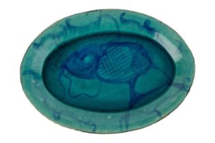 Philip and Frannie Leach Dish decorated with a fish in a turquoise glaze impressed pottery mark 40cm