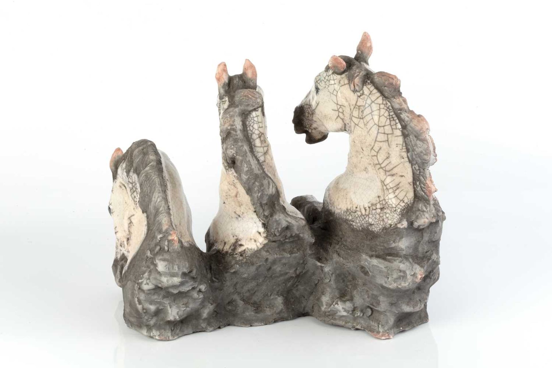 Keza Rudge (20th Century) Three Horse Heads raku signed 29cm high, 33cm wide. Condition appears good - Image 3 of 4