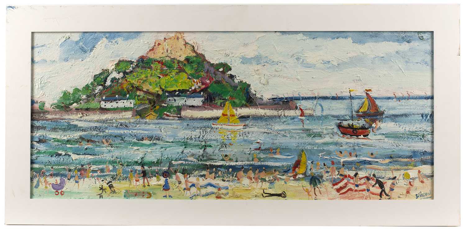 Simeon Stafford (b.1956) St Michael's Mount signed (lower right) oil on board 30 x 73cm. A good - Image 2 of 3