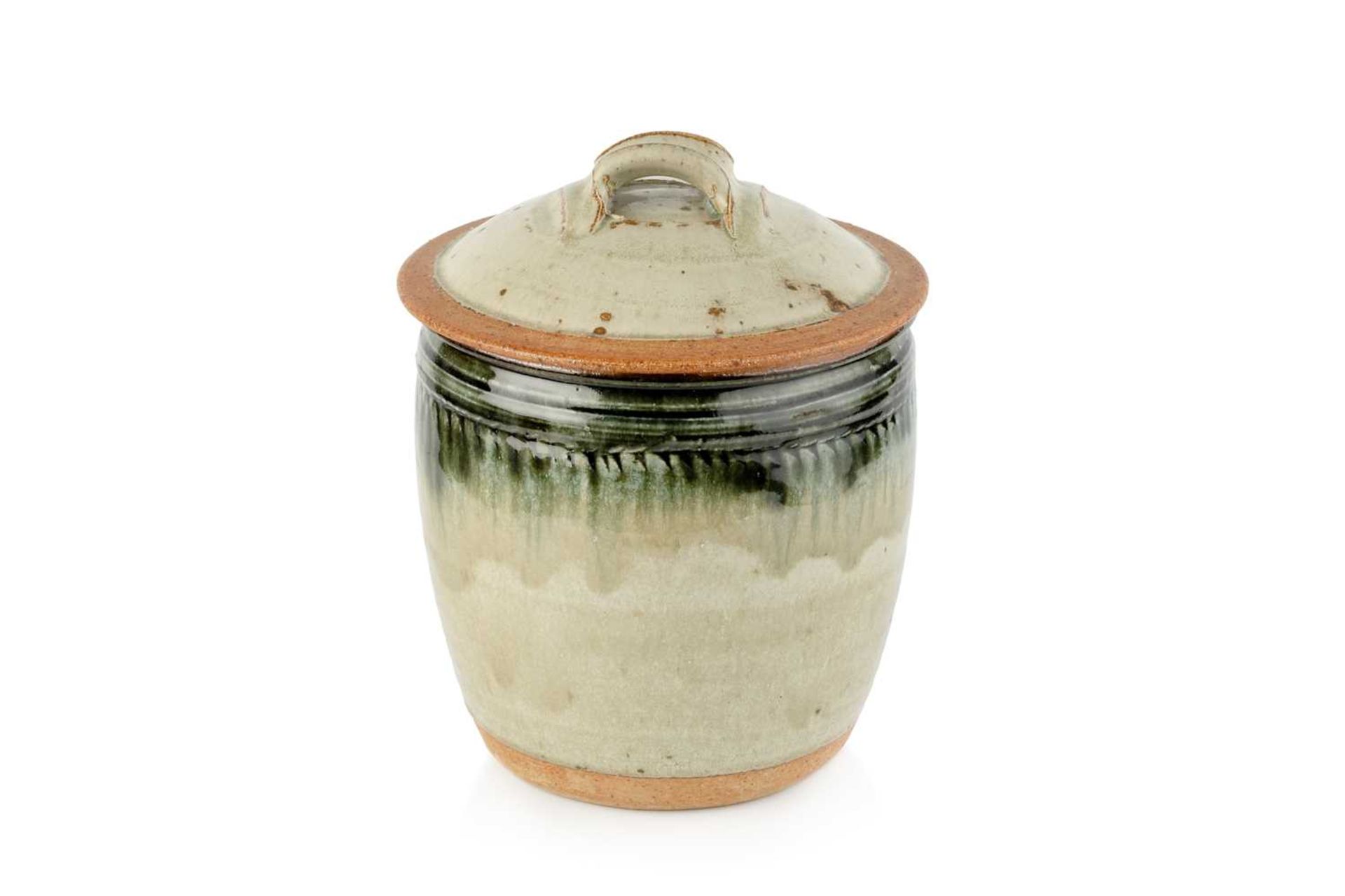 Richard Batterham (1936-2021) Large lidded jar stoneware, with running ash glazes 16.5cm high. The