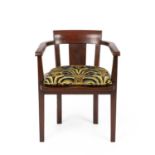 Gordon Russell of Broadway Desk chair stained oak with loose fabric cushion applied metal label 77cm