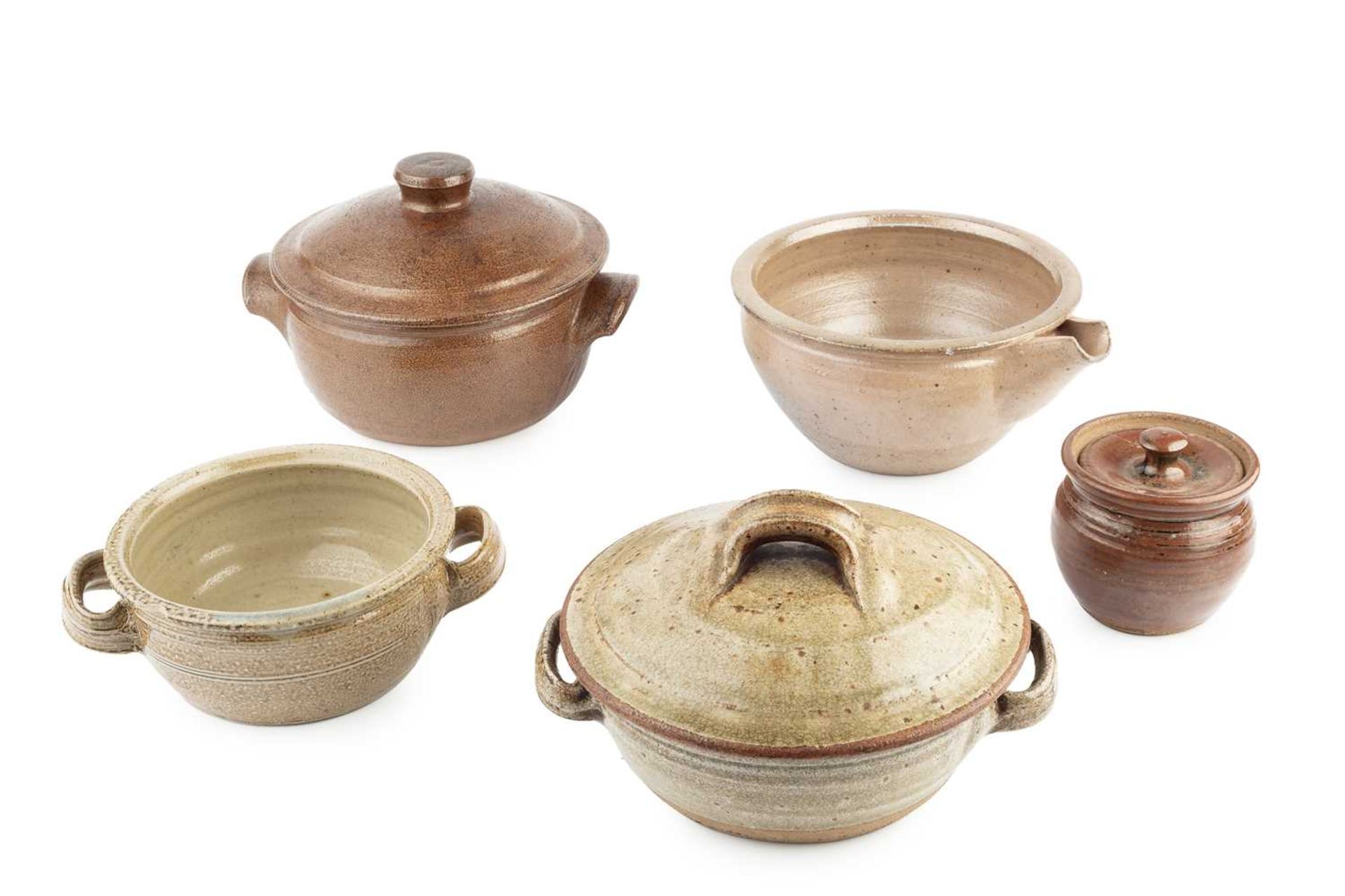 Richard Batterham (1936-2021) Five early pieces to include three casserole dishes, a small pot and