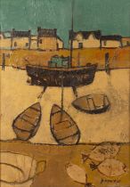 David Humphreys (b.1937) Boats and Fish Fécamp signed (lower right), titled (to reverse) oil on