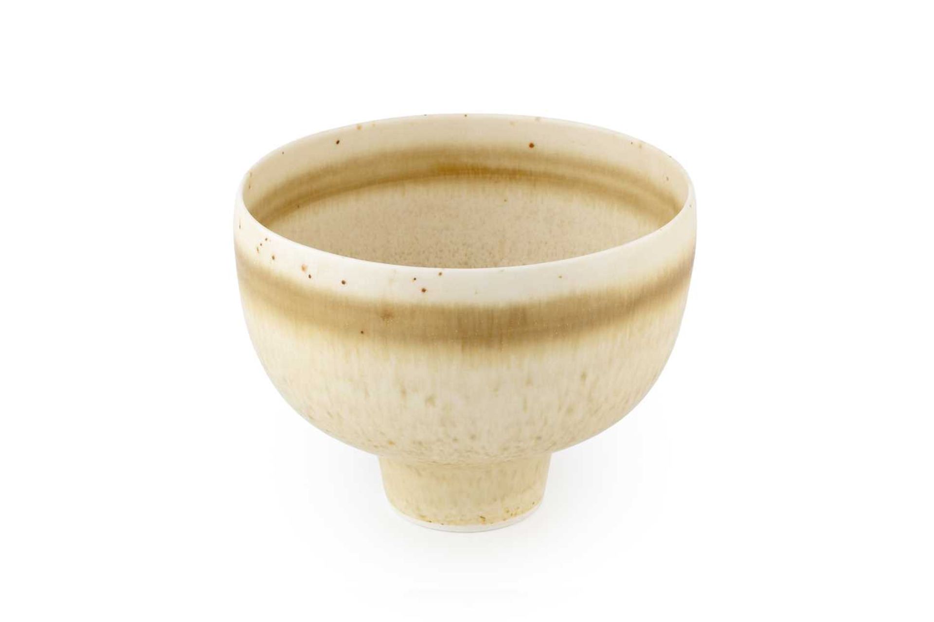 Hazel Johnston (1933-2011) Footed bowl with bands of light glaze impressed potter's seal 13cm