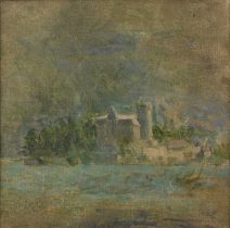 Jane Dowling (1925-2023) Castle & Lake signed with monogram (lower left) oil on canvas 18.5 x 18.