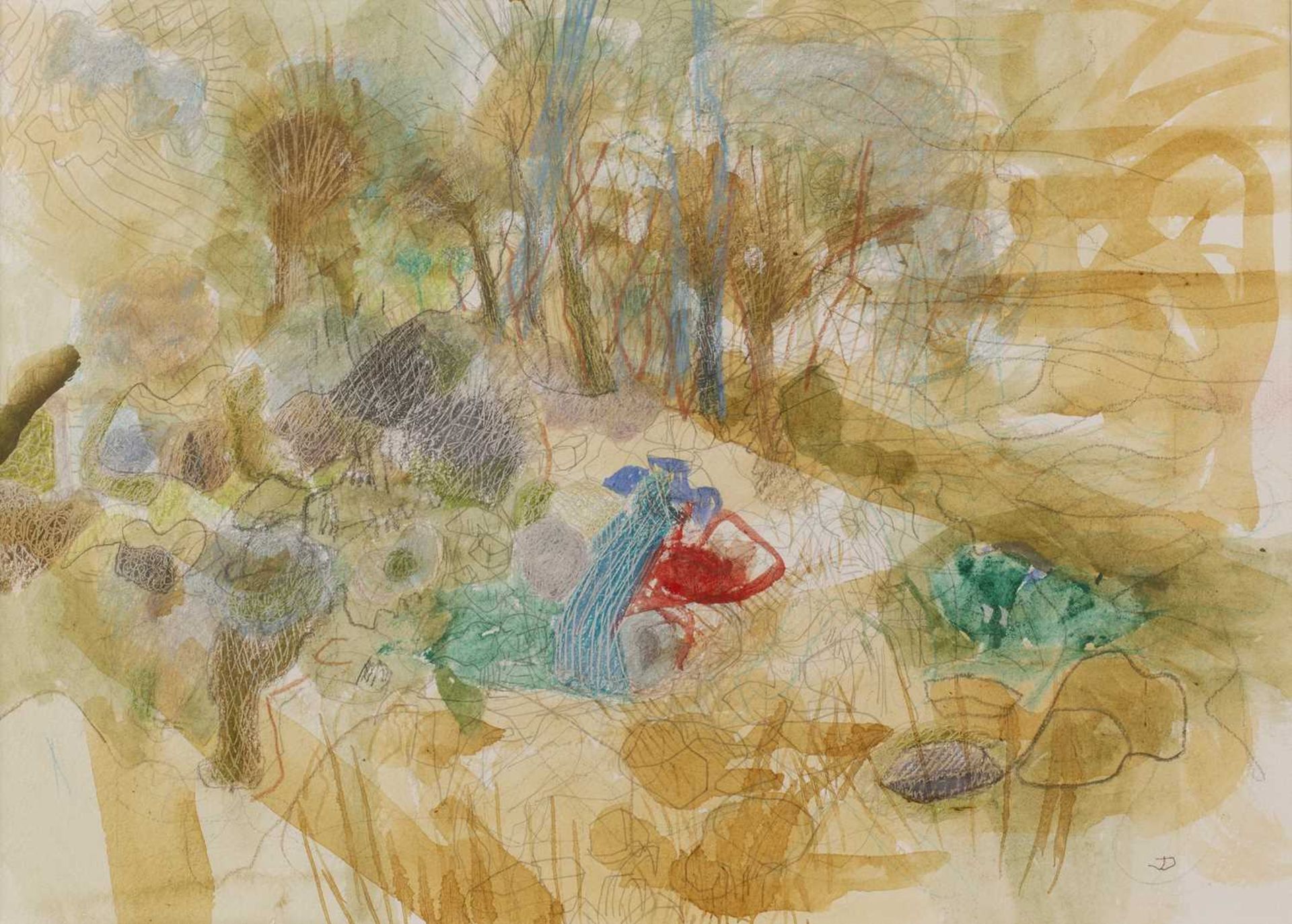 Jane Dowling (1925-2023) Coloured Landscape signed with monogram (lower right) watercolour 25 x
