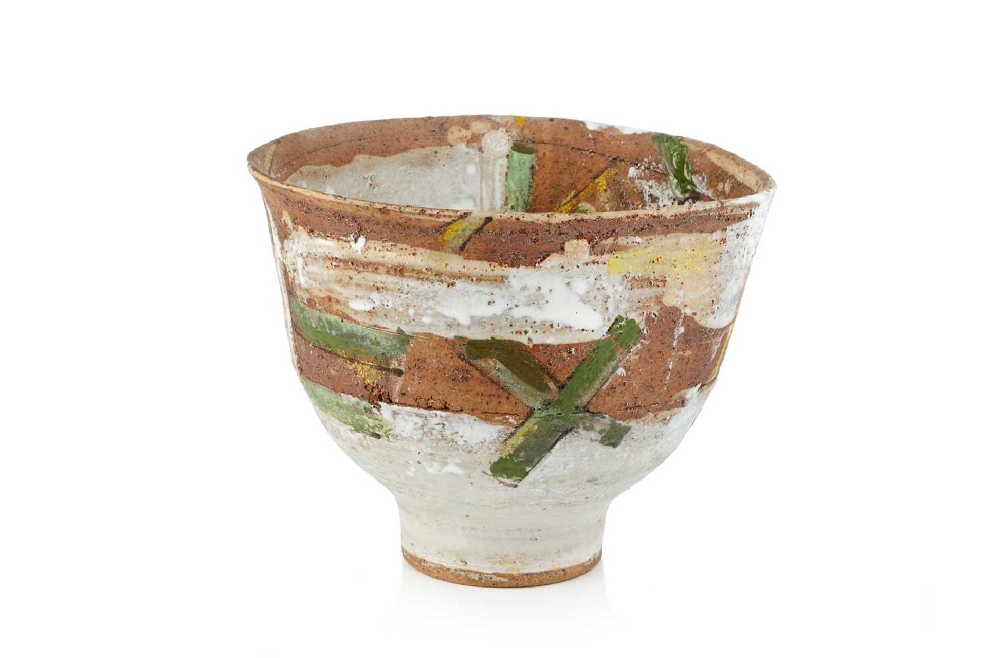 Robin Welch (1936-2019) Footed bowl stoneware, with white slip and green crosses impressed potter'
