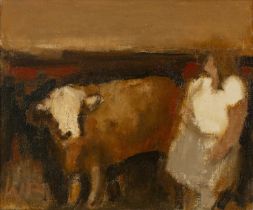 Will Roberts (1907-2000) Woman and Cow, 1975 signed with initials (lower left), signed and dated (to