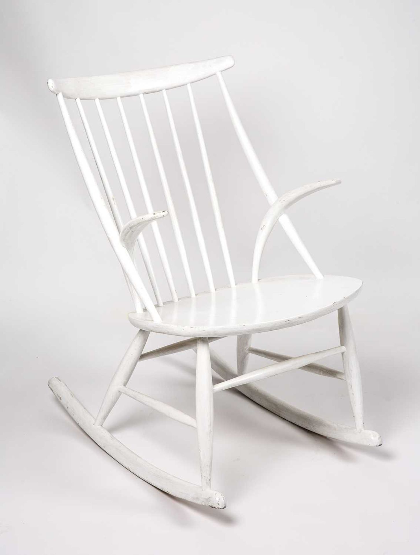 Illum Wikkelso for Neil Eilersen Rocking chair, designed in 1958 white painted wood 95cm high, 55cm